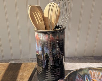 Handmade Pearl Stoneware Utensil Holder: Narrow Kitchen Crock