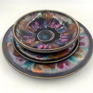 Pearl Ceramic Dinnerware, Iridescent Dark Stoneware Plates Bowl Mug Set