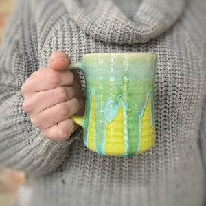 Ocean Glaze - Large Handmade Stoneware Mugs | 16oz | colorful ceramic mug - drippy coffee cup - unique gift - bright green and blue