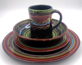 Spanish Night Dinnerware set, glazed, handmade, pottery dishes, place setting, unique