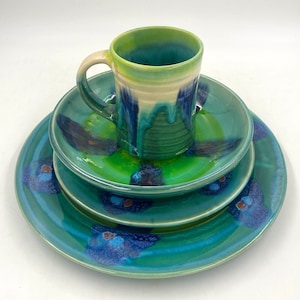 Teal Handmade Dinnerware set, glazed, handmade, pottery dishes, place setting, unique dishes