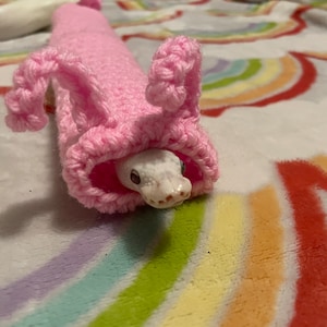 Könnte beinhalten: Eine weiße Schlange mit rosa Augen schaut aus einem rosa gehäkelten Hasenkostüm heraus. Das Kostüm hat lange Ohren und liegt auf einer regenbogenfarbenen, flauschigen Decke.