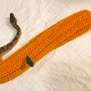 Könnte beinhalten: Eine braune und beige Schlange liegt eingerollt in einem gehäkelten orangen Schlangen-Kuscheltier mit einem grünen Blattdetail.