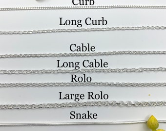 Sterling Silver Necklace Chains, 925 Stamped, Cable, Curb, Snake, Rolo