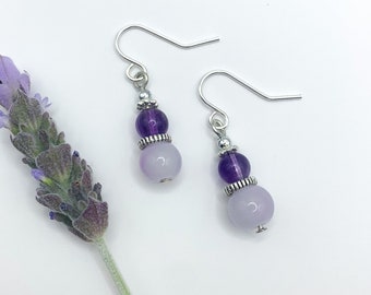 Amethyst Beaded Drop Earrings with Sterling Silver Hooks Purple Handmade