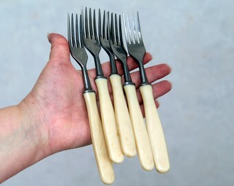 Vintage Cutlery with bequelite handlesfrom 60s, Set Forks of 5 ,White Bakelite Handles Forks, Elegant Flatware