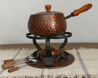 Copper Fondue Set/Copper Pot with Forged Stand and Copper Burner and 6 Spoons