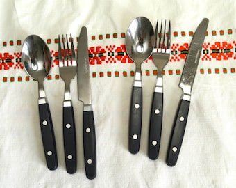 Vintage Cutlery Set with black Handle. Cutlery set with bequelite handles. Spoon, fork, knife.  Gift set of stainless steel cutlery