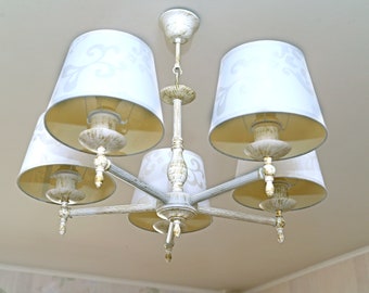 Vintage French Lighting White Shades Chandelier with 5 shades Hanging lamp for the bedroom