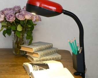 Lámpara de escritorio roja con pinza/Lámpara de mesa flexible con cuello de cisne