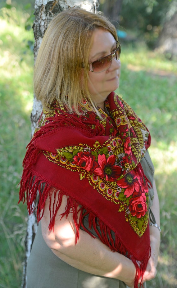 Slavic fringed wool pashmina Red Large Ukrainian  