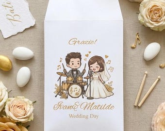 50 wedding favor bags, personalized favor bags, wedding, newlyweds, anniversary, newlyweds on motorcycles, music theme, fun