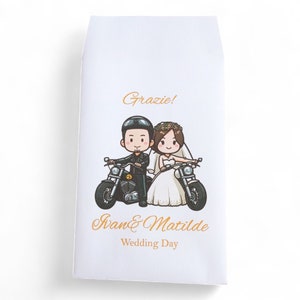 50 sacchetti confettata matrimonio, bustine per confetti personalizzate, nozze sposini anniversario, sposi in moto, tema musica, divertenti