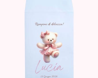 50 white paper bags for birth or baptism sweets with a personalized message