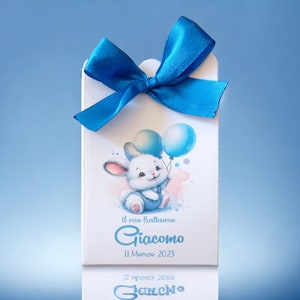 10 scatoline portaconfetti coniglietto con palloncini, Battesimo, Nascita, Primo Compleanno bambino blu