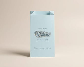 Customized light blue favor bag for confetti, seeds, and sweets. Custom graphics and text printed.