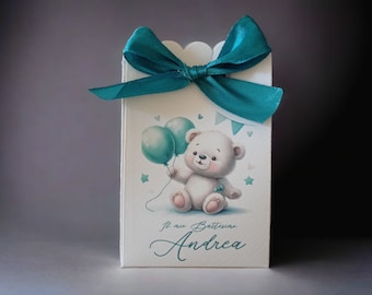 10 scatoline portaconfetti orsetto con palloncini, Battesimo, Nascita, Primo Compleanno bambino Verde Smeraldo