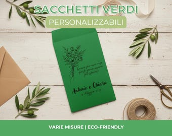 Personalized green paper confetti bags for weddings or anniversaries. Confetti bags with customizable print.