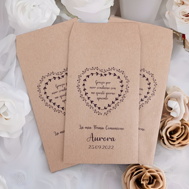 50 sacchetti kraft personalizzati, bomboniera Matrimonio, Comunione, Cresima, Battesimo, Compleanno