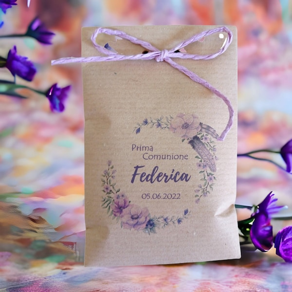 50 Sacchetti i carta Kraft stampa personalizzata stile lavanda, rose e bouquet fiori