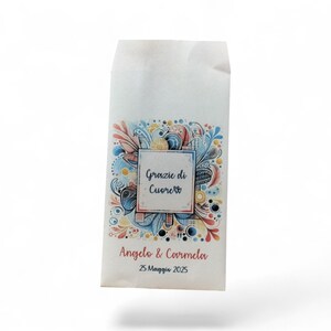 50 Sacchetti personalizzati in carta bianca nozze anniversario  cresima comunione. Tema floreale moderno Bustine confettata.