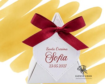 Personalized favor boxes for Confirmation and Communion in various colors. Favor holders with names and place cards.