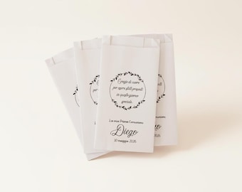 Colored paper bags personalized with graphics and a thank you note for wedding, baptism, and communion candy buffets. 50 pieces.
