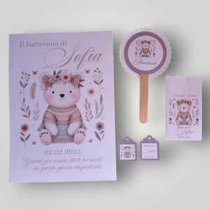 Coordinato Battesimo Personalizzato con Orsetta – Set Completo per Cerimonie Speciali (Sacchetti Confetti, Segnaposti, Inviti e Altro)