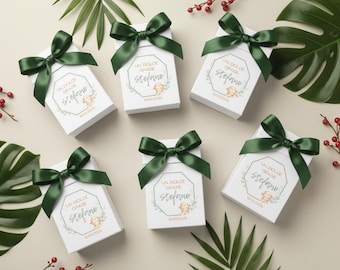 10 confetti boxes, jungle-themed favor holder with personalized monkey. Baby shower favors in light blue, pink, and sage green.