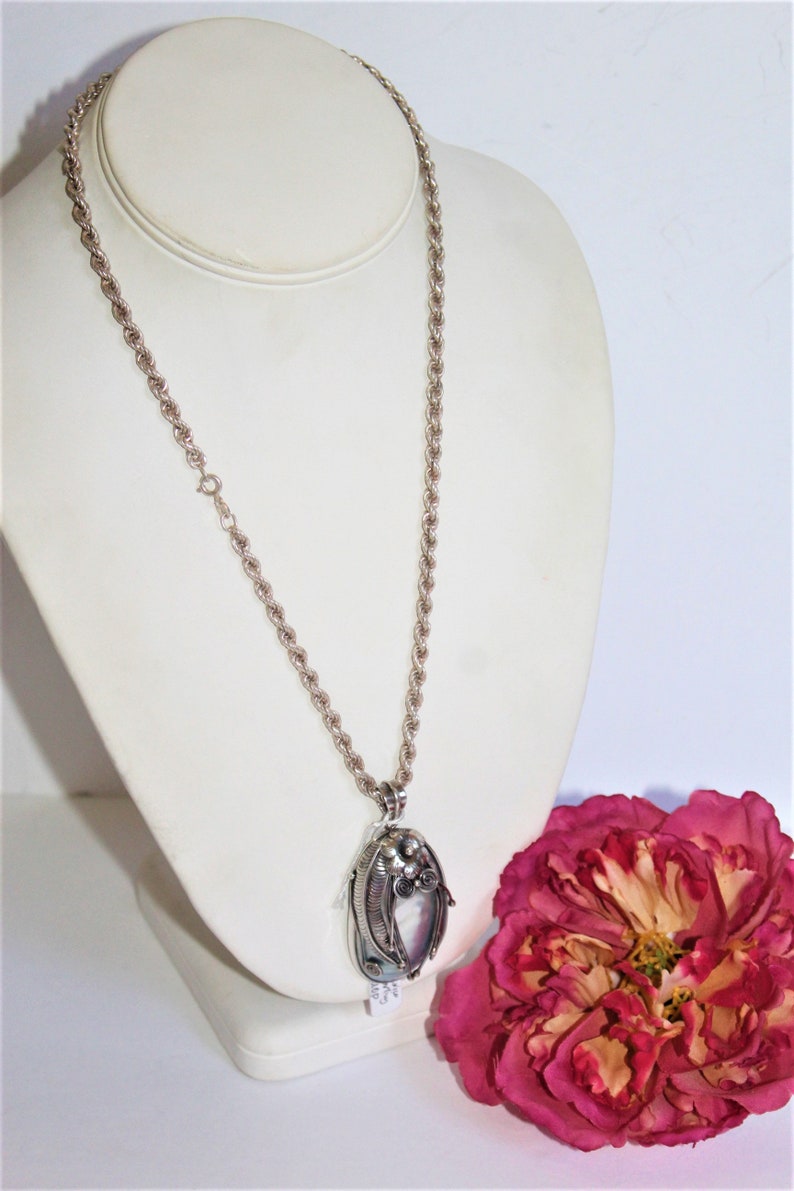 Vintage ATI Signed Sterling Silver Artisan Large Massive Mother of Pearl MOP Pendant Necklace FND