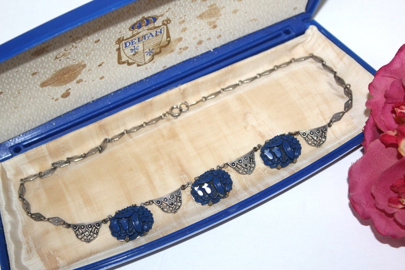 Antique ART DECO Sterling Silver Blue Carved Celluloid Marcasites Necklace NC7