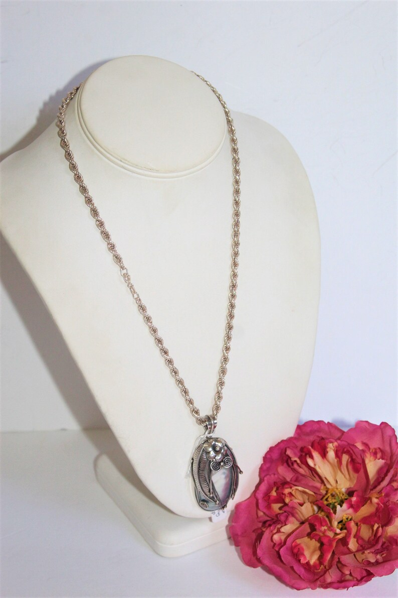 Vintage ATI Signed Sterling Silver Artisan Large Massive Mother of Pearl MOP Pendant Necklace FND