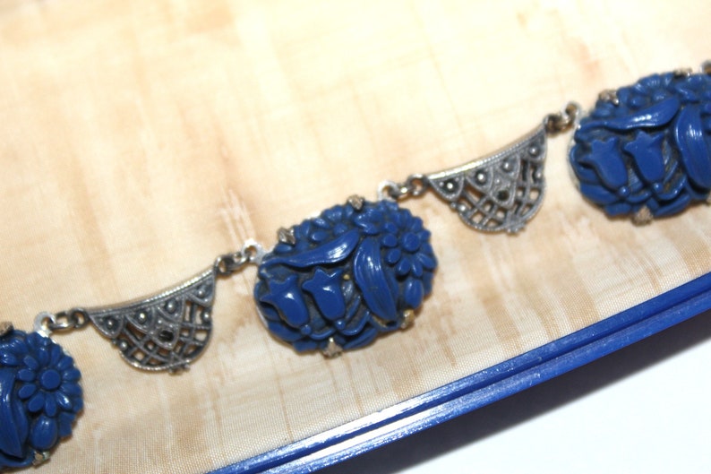Antique ART DECO Sterling Silver Blue Carved Celluloid Marcasites Necklace NC7