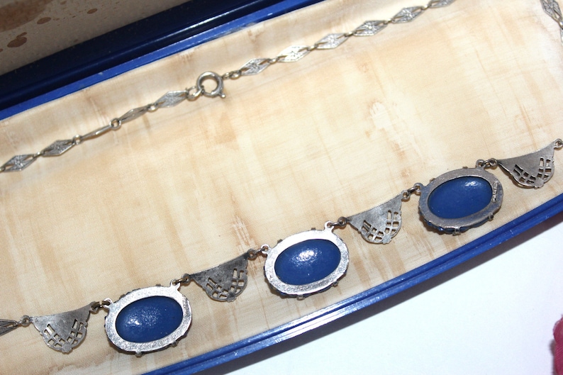 Antique ART DECO Sterling Silver Blue Carved Celluloid Marcasites Necklace NC7