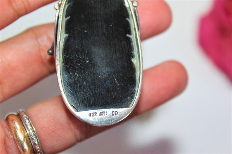 Vintage ATI Signed Sterling Silver Artisan Large Massive Mother of Pearl MOP Pendant Necklace FND