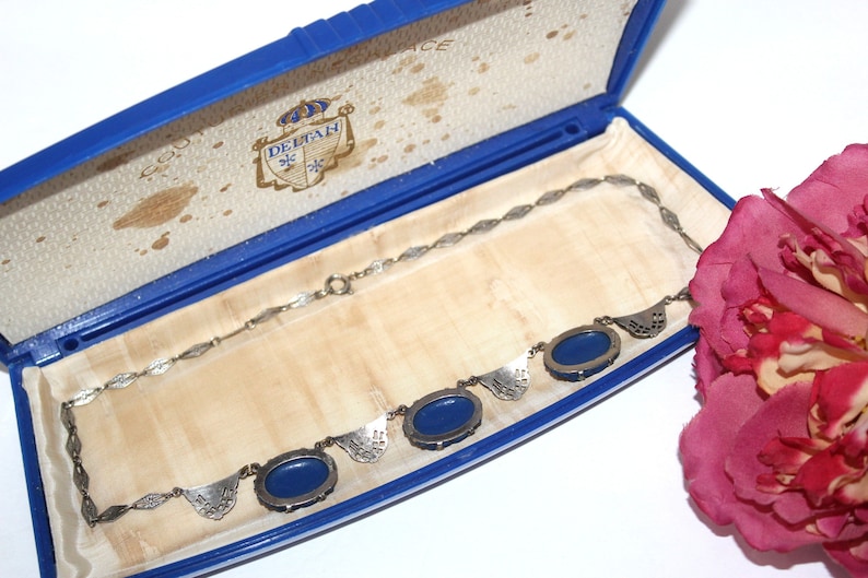 Antique ART DECO Sterling Silver Blue Carved Celluloid Marcasites Necklace NC7