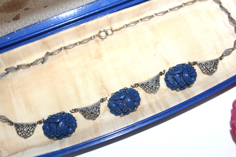 Antique ART DECO Sterling Silver Blue Carved Celluloid Marcasites Necklace NC7