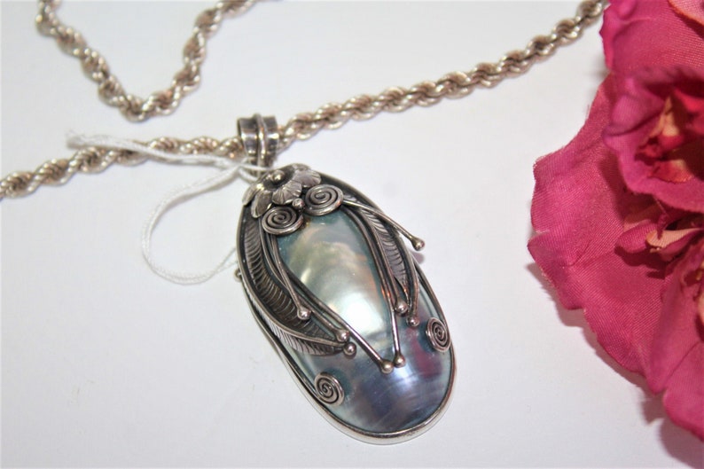 Vintage ATI Signed Sterling Silver Artisan Large Massive Mother of Pearl MOP Pendant Necklace FND