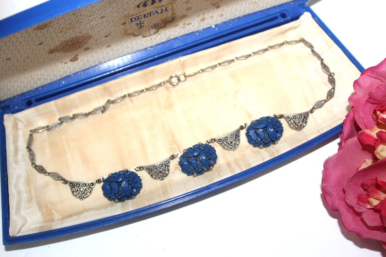 Antique ART DECO Sterling Silver Blue Carved Celluloid Marcasites Necklace NC7