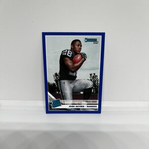 Josh Jacobs #308 Las Vegas Raiders; Classificação de novato - Blue Press Proof; Panini Donruss Football 2019