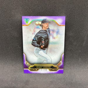 May include: A rectangular sports trading card featuring a photograph of baseball player Randy Johnson in a black jersey and white pinstriped pants, mid-pitch. The card has a purple and silver metallic border with the text Randy Johnson 175/299.