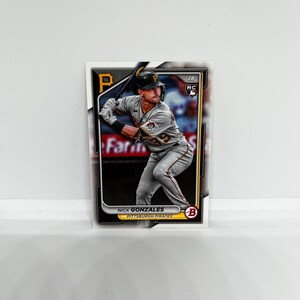 May include: Baseball card featuring a baseball player in a black and gold uniform holding a bat. The card is black and gold with the text "NICK GONZALES" and "PITTSBURGH PIRATES" on it. The card also has a "B" logo and a "RC" logo.