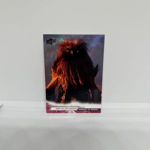Peut inclure: Une carte à collectionner avec l'image d'une créature à la fourrure brune et à l'expression sévère. La carte porte l'inscription "BOBBY HOLLAND HANTON AS NABOOSKA THE HORRIBLE" en bas. L'arrière-plan est un mélange de violet et de bleu.