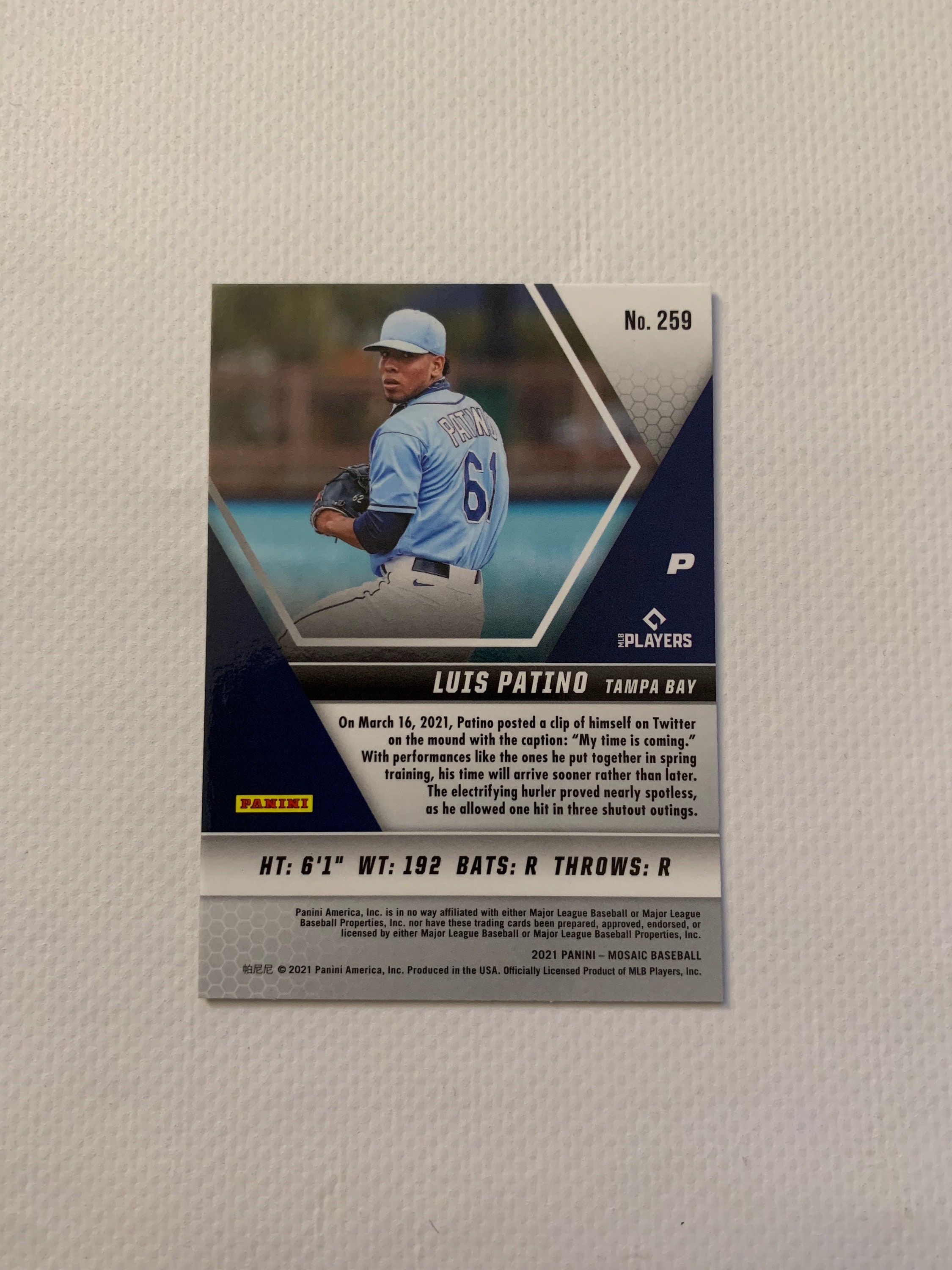 Luis Patino 259 Tampa Bay Ray Base Card Rookie Card Panini - Etsy