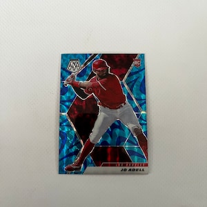 Peut inclure: Une carte de baseball représentant un joueur de baseball portant un maillot rouge et un pantalon blanc, tenant une batte. La carte a un fond bleu et rouge avec un effet holographique. La carte est une carte de recrue (RC) et présente le nom du joueur, "Jo Adell", et l'équipe, "Los Angeles".