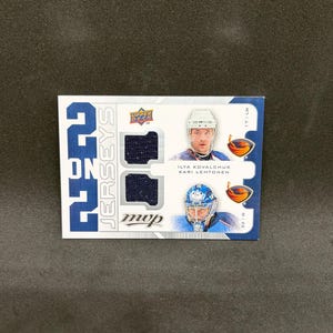 May include: An Upper Deck 2 on 2 Jerseys hockey trading card featuring Ilya Kovalchuk and Kari Lehtonen. The card includes two dark blue fabric swatches, the Atlanta Thrashers logo, and the text 2 on 2 Jerseys MVP with player names printed.