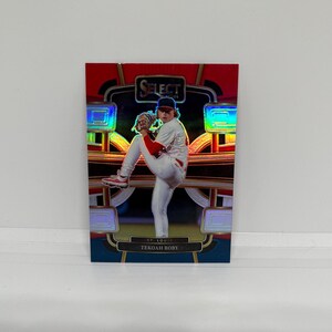 May include: A baseball trading card featuring Tekoah Roby of St. Louis in a pitching pose. The card has a red, gold, and blue design with the word "SELECT" at the top. The card is glossy and has a holographic effect.