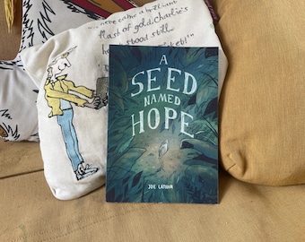 May include: A book titled "A Seed Named Hope" with a dark green and blue cover, featuring a seed illustration. The book is resting on a tan surface next to a decorative pillow with a cartoon illustration and text.