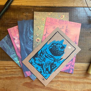 Haru - Ensemble de 5 imprimés lino faits main et 5 cartes postales/mini imprimés (format A6)