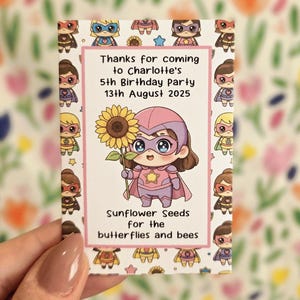 Personalised Sunflower Seed Packet Favours – Birthday Party, Boys, Girls, Superhero Theme, DIY Fold & Glue or Ready-Made Thank You Gifts